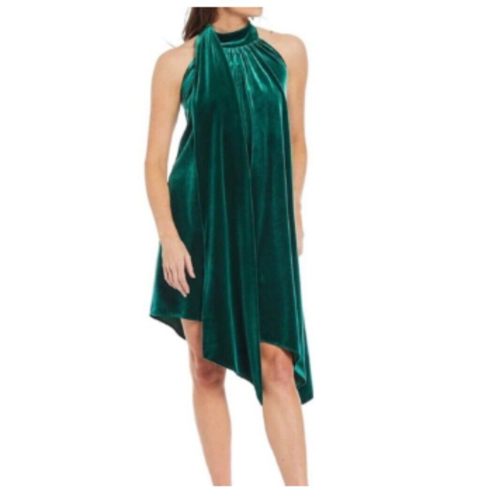 NWT $279 Badgley Mischka Green Velvet Drape Halle Dress sz 12